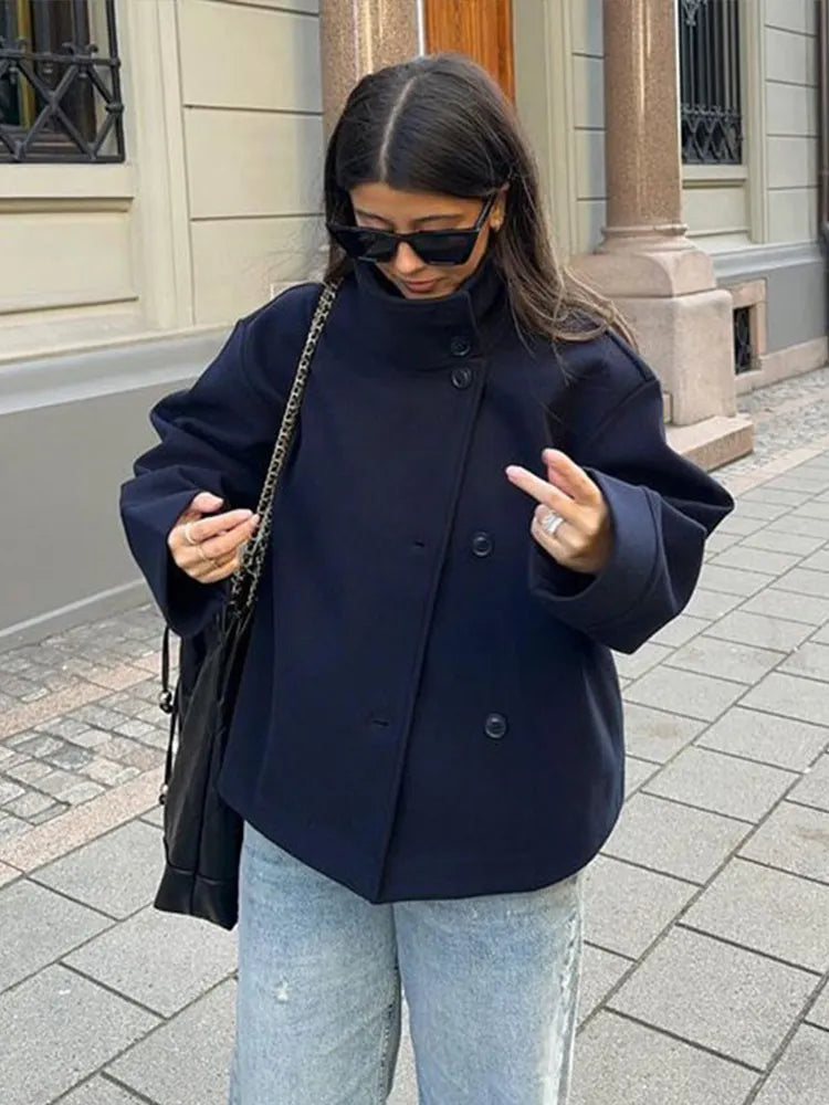 Women's Oversized Coat with Stand Collar and Double Breasted Front