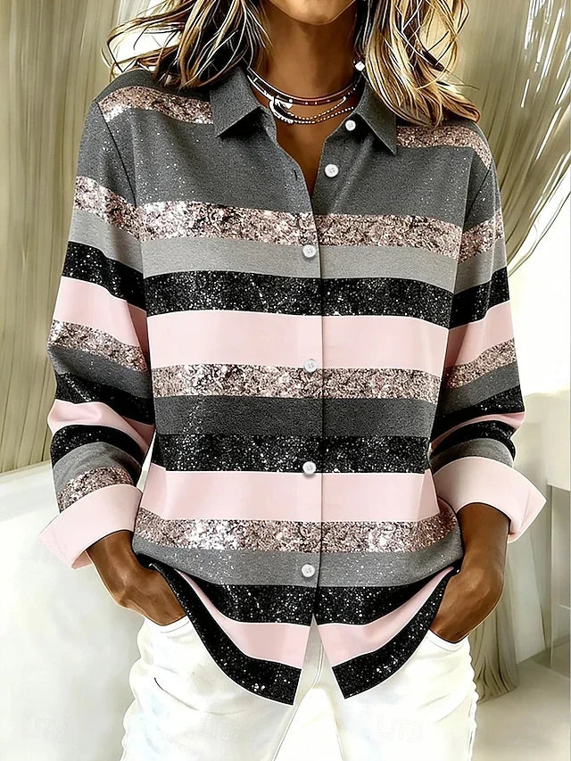 Evancline Casual Horizontal Stripe Button Blouse