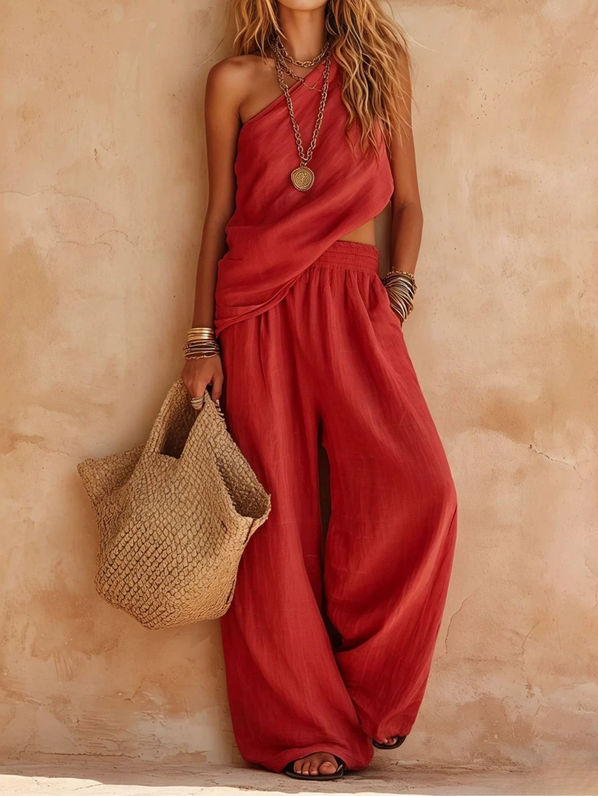 One-shoulder Top And Pants Set